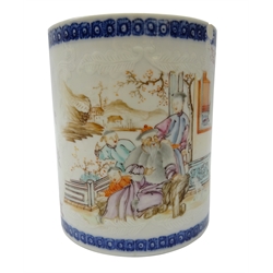  18th century Chinese tankard, painted with a Family in interior setting and relief cartouche panels painted with exotic birds within a blue and white diaper border, H13cm    