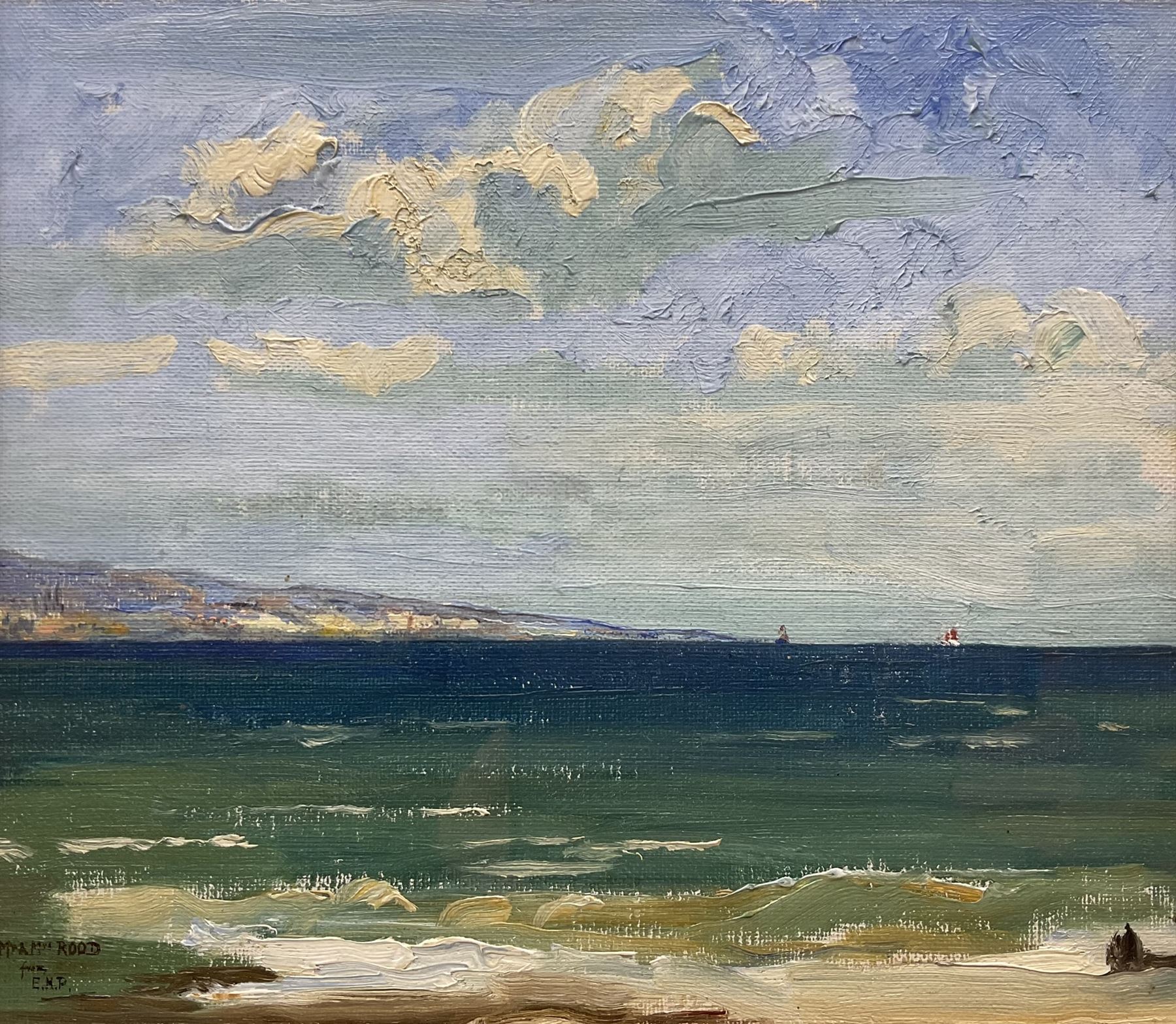 Edward Holroyd Pearce (British 1901-1990): Coastal Seascape, oil on canvas board signed with initials and inscribed to Mr & Mrs Rood 25cm x 29cm
Notes: Edward Pearce, though best known as a distinguished Law Lord & Privy Counsellor, was also a talented artist. He first took up painting in 1932 when as a young barrister he was recovering from tuberculosis. He was the son in law of Bertram Priestman, and a friend of Edward Seago. Together they made a number of painting tours to the Continent, travelling in Seago's Austin Seven