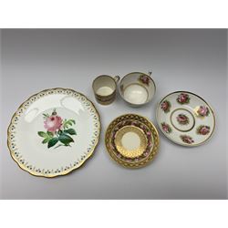 Early 19th century Derby coffee can and saucer, circa 1806-1825, decorated in pattern no 529, painted with a band of pink roses within gilt trellis borders, with red painted marks beneath, cup H6cm, saucer D13cm, together with an early 19th century Spode tea cup and saucer, decorated in pattern no 2813, painted with clusters of pink roses with green leaves upon gilt seaweed, marked Spode beneath and with pattern number, plus a similarly decorated plate 