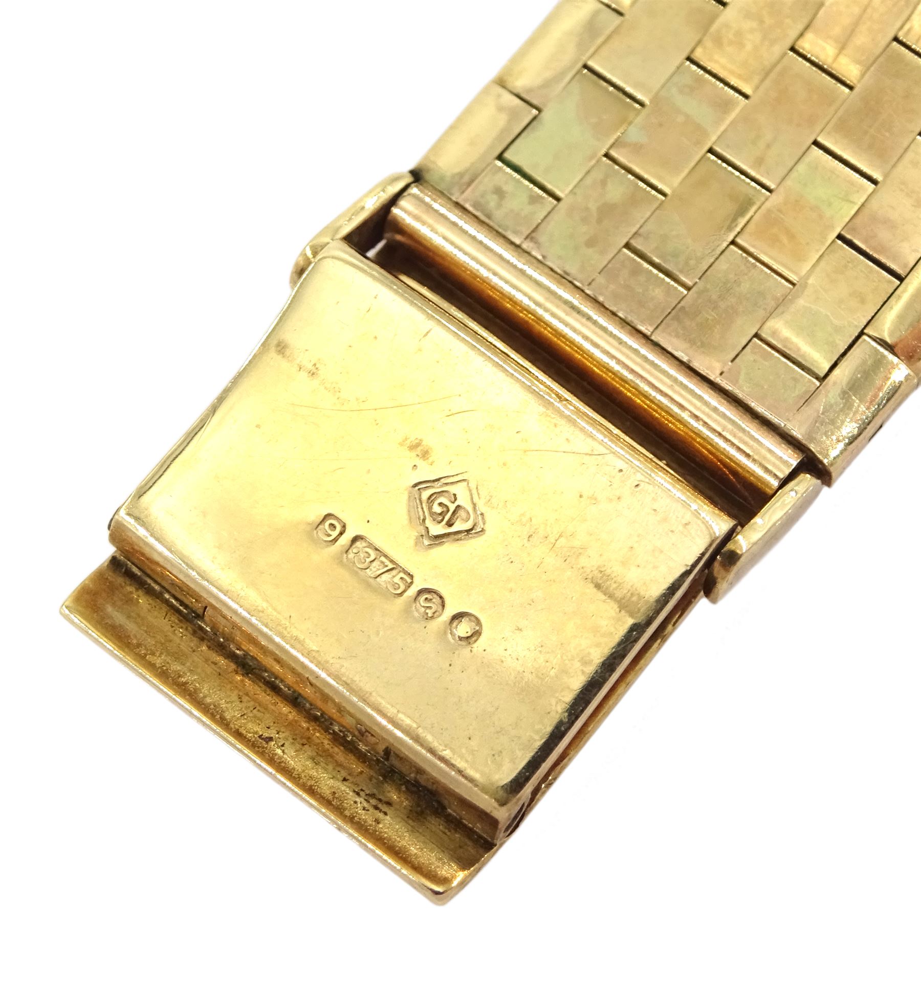 Rone 9ct gold ladies manual wind wristwatch, on integrated 9ct gold bracelet, London 1973
