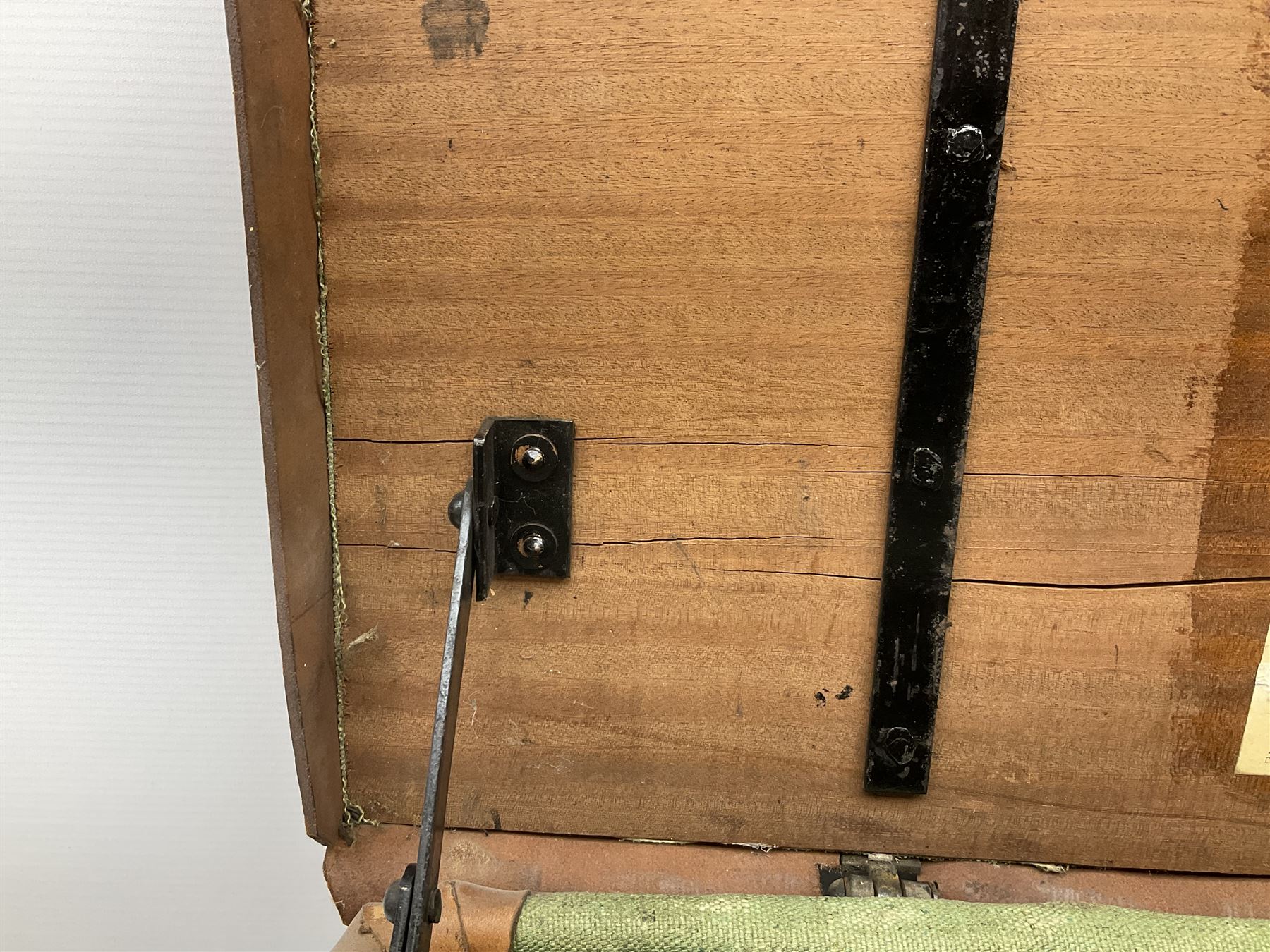 WW2 British Army RAMC 'Regimental Medical Pannier', well marked externally and dated 1941, stamped May 1943 internally, canvas covered wicker form with leather edges, hinged top and fall front with two rope carrying handles, fitted iron locking straps with securing chains; contains various unused field dressings and bandages with WW2 dates and two pillows; original label under lid L79cm