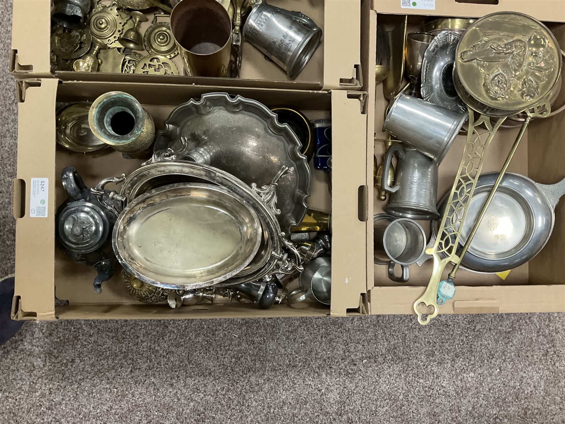 Large collection of metalware, to include decanters, teapots and fireside tools, in five boxes