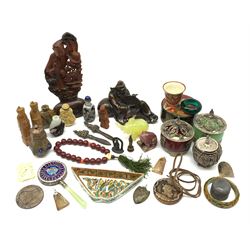 Chinese snuff bottles including glass and hardstone examples, a small Japanese Kutani cup, Chinese bronzed figure of a seated man with a fan, Jade style pendant and similar items in two boxes