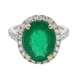  18ct white gold oval emerald and diamond ring, with diamond set shoulders, hallmarked, emerald approx 3.70 carat  
[image code: 4mc]