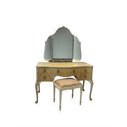 F Wrighton & Sons Ltd -  French style painted serpentine dressing table, with triple mirror back, on cabriole supports (106cm x 55cm x 135cm), and F Wrighton & Sons Ltd - French style narrow double wardrobe (92cm x 54cm x 187cm)