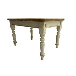 Traditional pine kitchen table with white painted base, rectangular top over single drawer, raised on turned supports