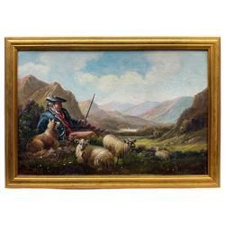 English School (Mid 20th century): Shepherd and his Flock taking a Rest, oil on canvas unsigned 35cm x 52cm