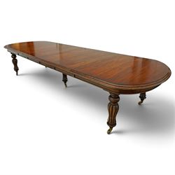 Large Victorian Country House mahogany extending dining table, the oval top with moulded e...