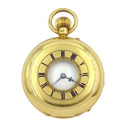 Edwardian 18ct gold half hunter keyless lever fob watch, No. 257641, white enamel dial with Roman numerals, back case monogrammed, case by 	Rotherham & Sons, Birmingham 1906