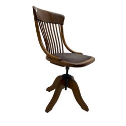 Early 20th century office oak adjustable swivel chair with studded leather seat