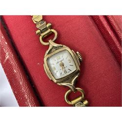 Ladies Accurist 9ct gold manual wind wristwatch, on gilt metal bracelet, together with a silver and enamel fob, for the Transport and General Workers Union, with personal engraving to reverse, hallmarked, a safe driving medal and a Quartz wristwatch