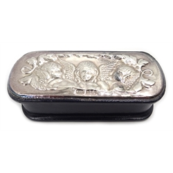 Leather ring box with embossed cherub silver mount by John Bull Ltd, cut glass pin box with silver top, Victorian and later shoe horns etc with silver handles and two hat pins with silver terminals all hallmarked
