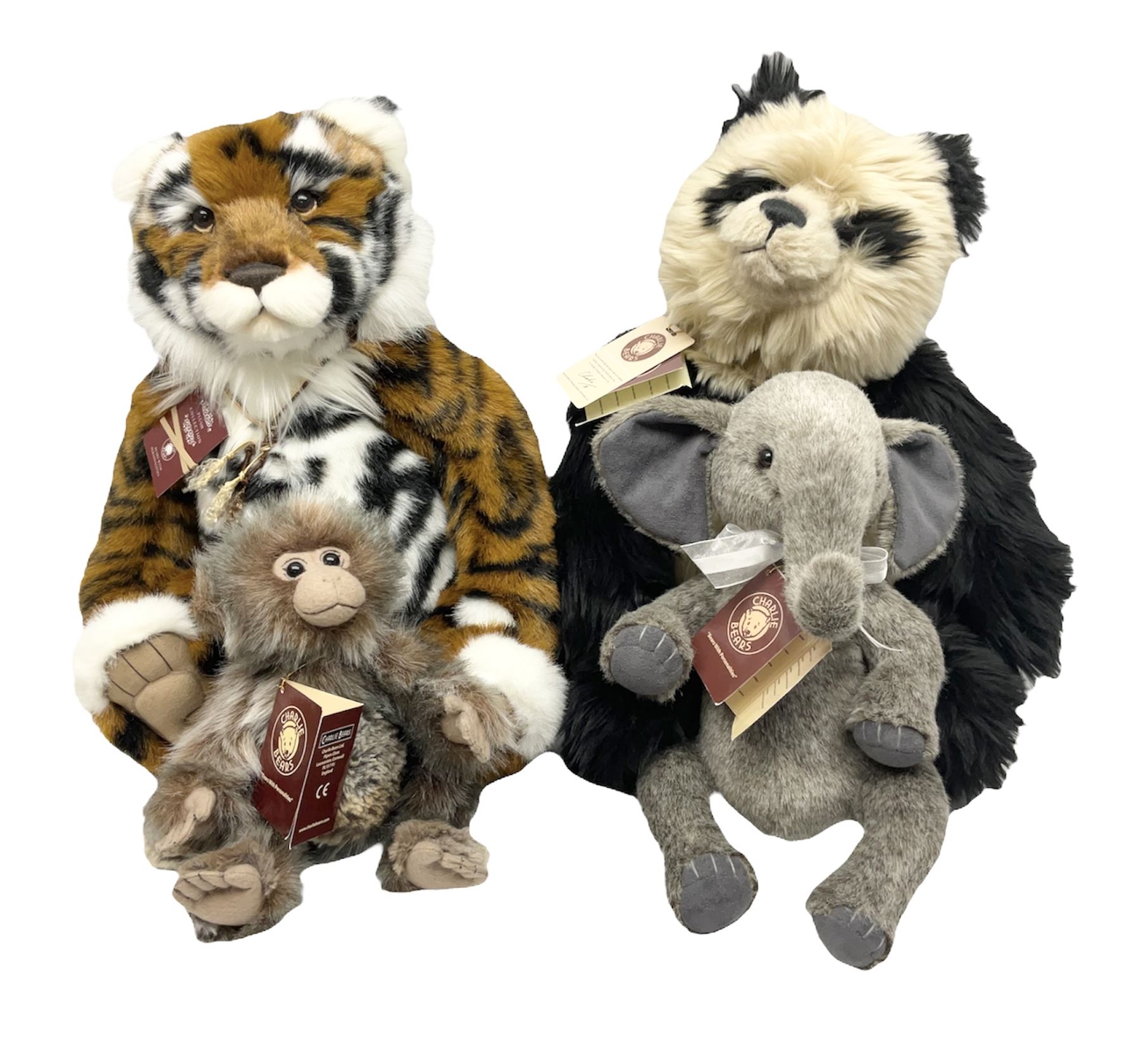 Four Charlie Bears, comprising Konig CB202051, TeaLeaf CB141479, and Pimky CB161656B, each designed by Isabelle Lee, and Hari Hi Way CB175131, all with tags