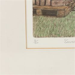 Michael Atkin (Scarborough 1952-): 'Conversation on a Footpath', limited edition coloured etching signed titled and numbered 5/60 in pencil, 37cm x 25cm