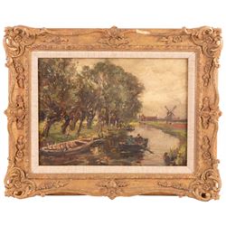 Owen Bowen (Staithes Group 1873-1967): Rowing on a Dutch Waterway, oil on canvas signed 26cm x 36cm