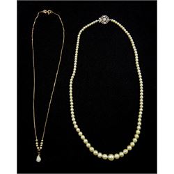 Gold pear shaped opal, sapphire and pearl necklace and a single strand pearl necklace with 9ct white gold clasp, both hallmarked