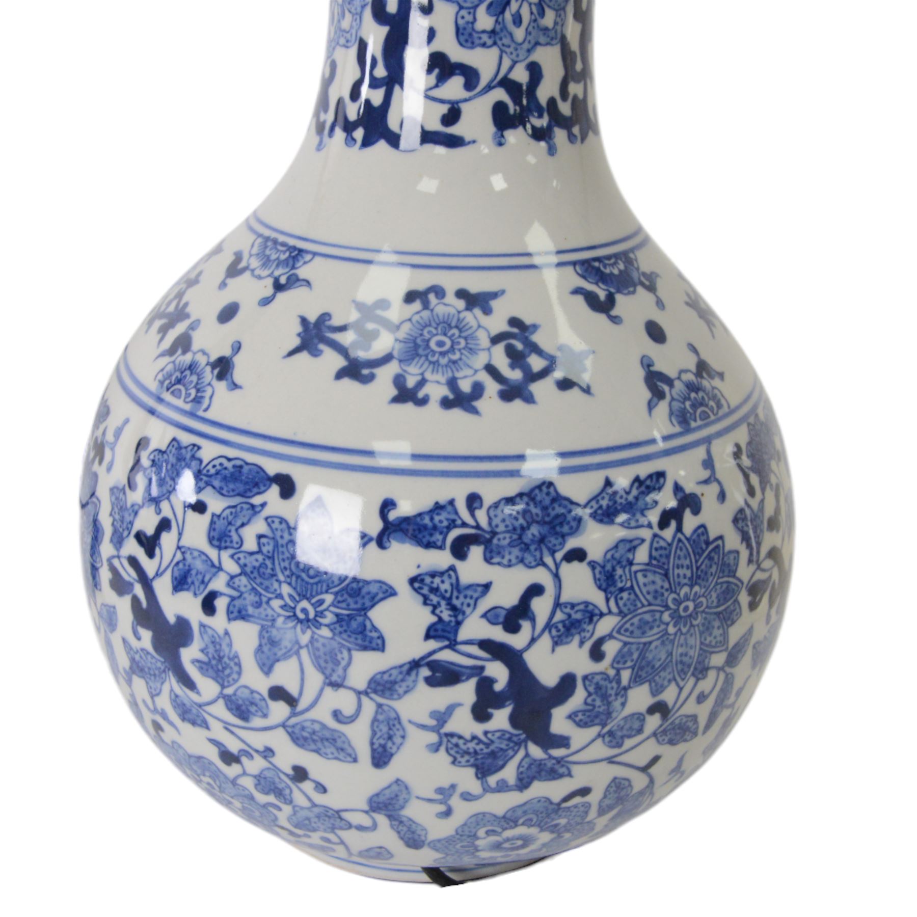 Oriental style blue and white table lamp, with cream shade, H43cm