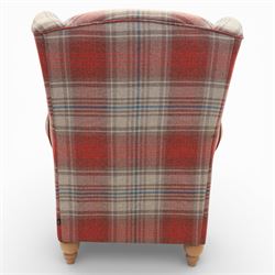 Next Home - Contemporary wingback reclining armchair, high winged back with padded sides, scroll arms, upholstered throughout in red and beige check fabric, loose seat cushion, fitted with a reclining mechanism, raised on short turned wooden 