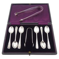 Pair of George III silver sugar tongs by Thomas Wallis II, London 1804 and a set of Edwardian silver teaspoons and tongs by Henry Williamson Ltd, Sheffield 1903, cased, approx 3.4oz