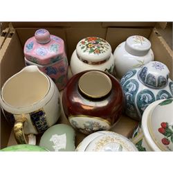 Wedgwood green jasperware trinket box, together with boxed Aynsley 'the Ashes England's  Glorious Victory 2005' plate, commemorative wares, ginger jars and other ceramics, in two boxes 