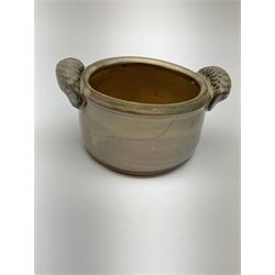 Studio pottery, to include Borgh pottery twin handled bowl, Hillstonia naturalistically modelled jug, set of seven mugs, jug and two vases.