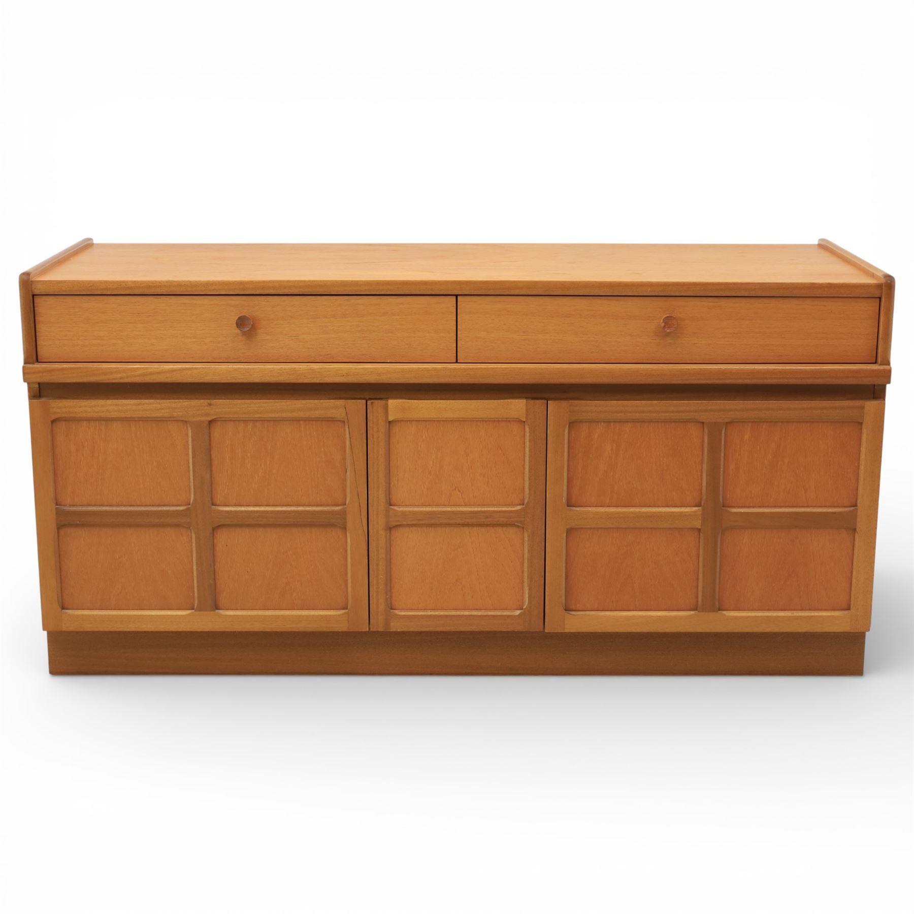Nathan - 'Squares' low media sideboard, rectangular top over two drawers, above signature square panelled cabinet doors revealing storage for records, on a recessed base