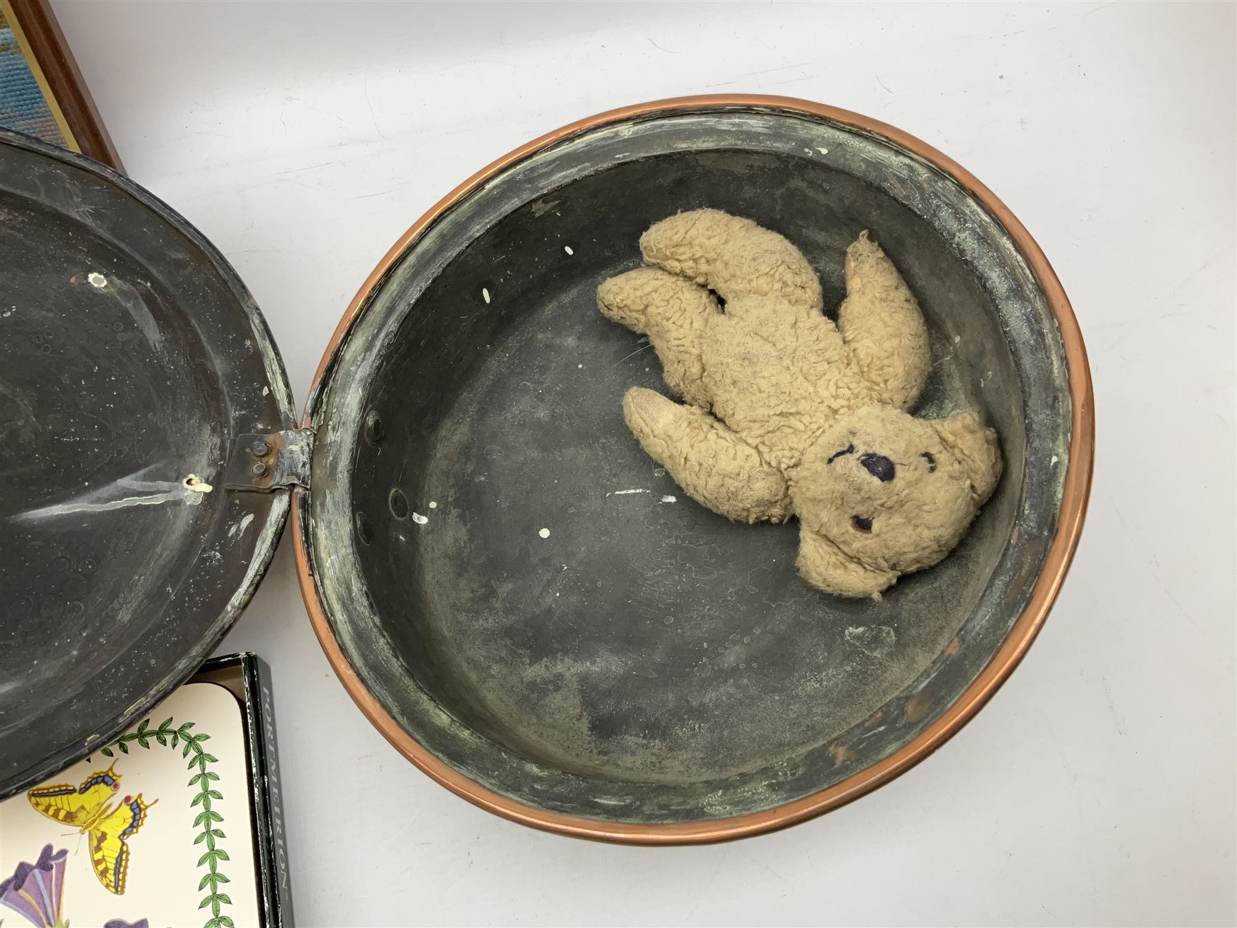 Copper bed pan, Portmeirion placemats, glazed and framed needlework and George Houghton cartoons placemats