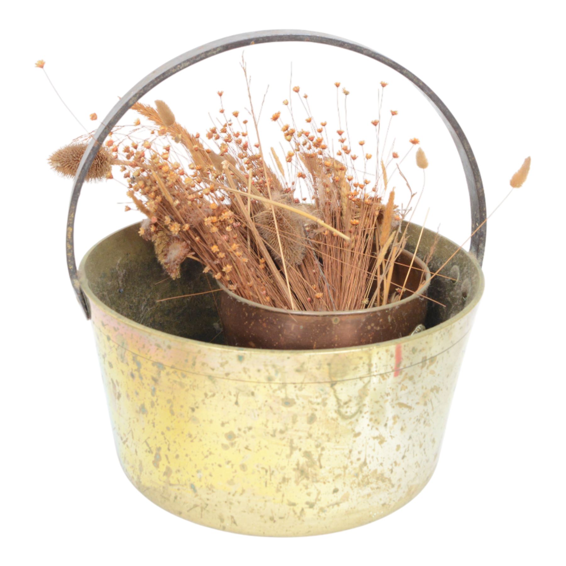 Engine turned silver brush and mirror, hallmarked, together with brass jam pan, wooden box, blue and white bowl and other collectables  