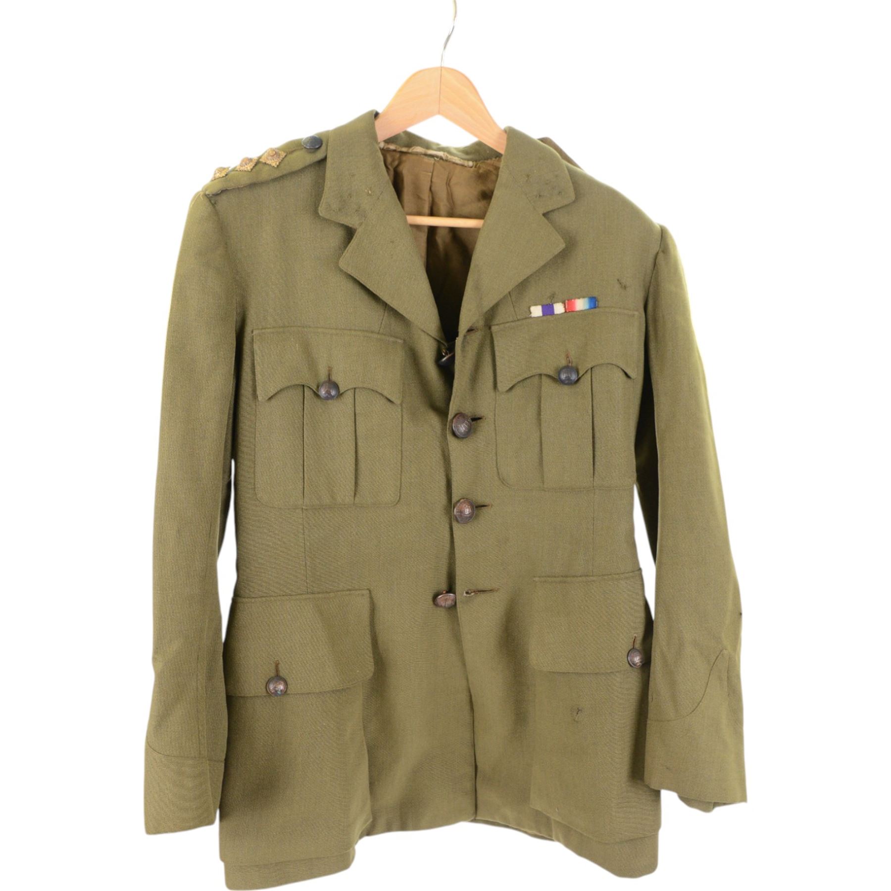 British military Royal Engineers tunic with with applied bullion thread embellishment and black accents on cuffs and collar, together with reenactment uniform for the East Riding home guard  