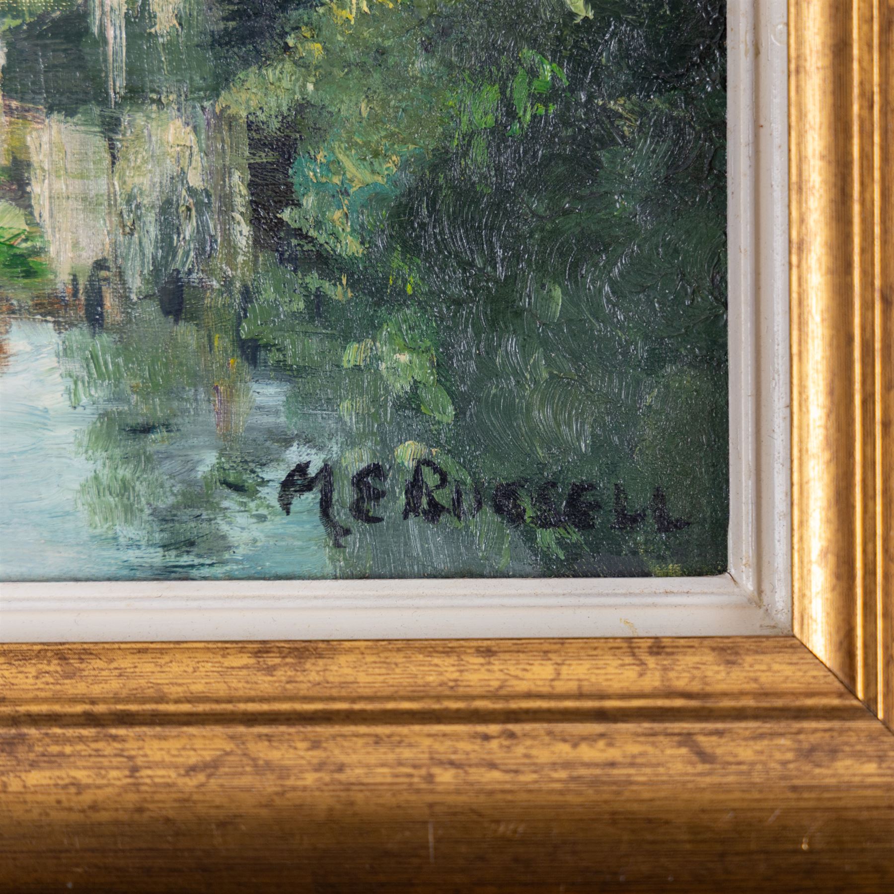 M E Russell (British 20th Century): Mill Pond, oil on board signed 25cm x 30cm 