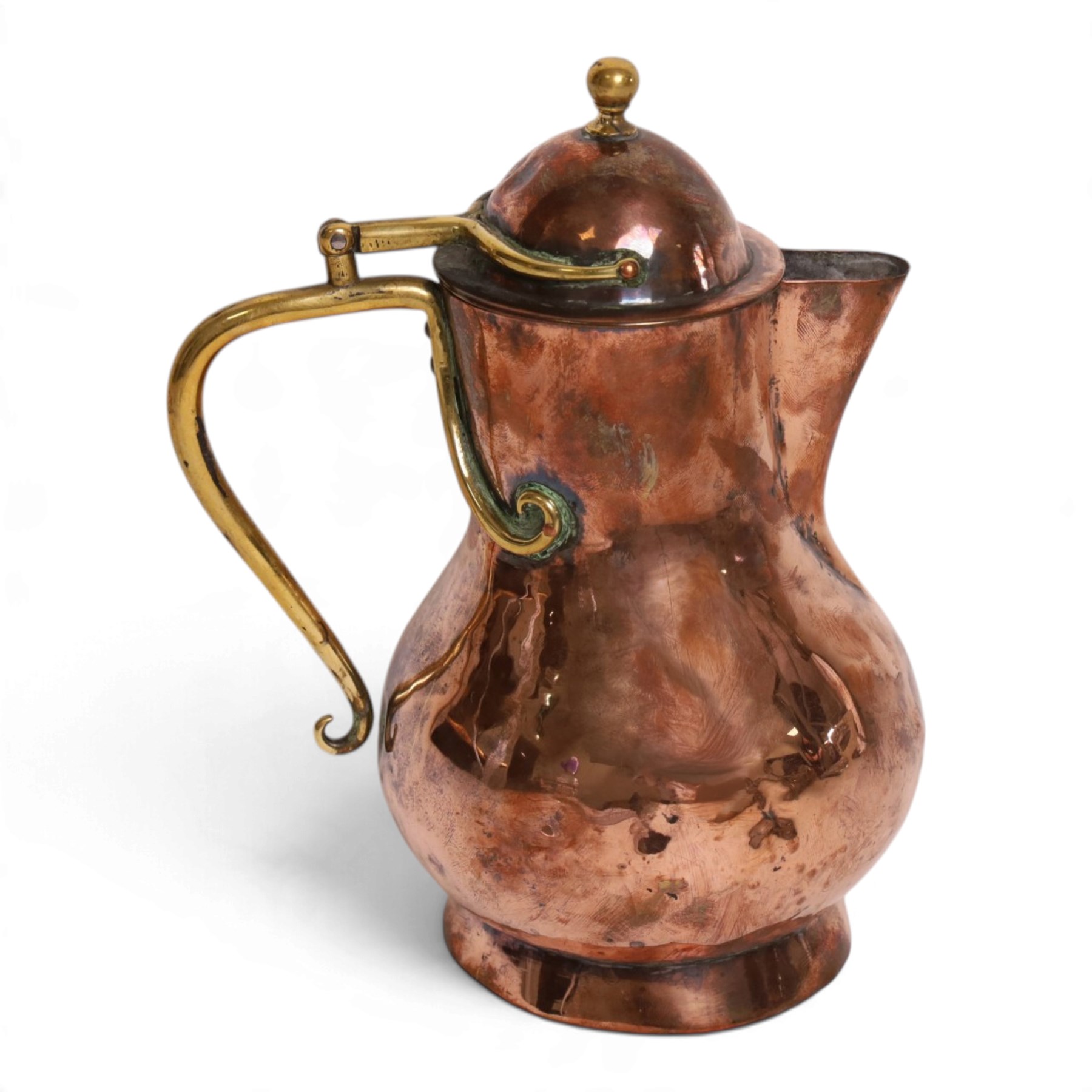 Birmingham Guild of Handicrafts - Arts and Crafts copper jug, with brass handle and finial, stamped to the base BGH, H22cm
