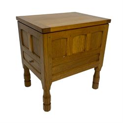 Brian Haw (former Mouseman carver) - Yorkshire oak work or sewing box, hinged lid with panelled sides, fitted with through drawer, on octagonal feet