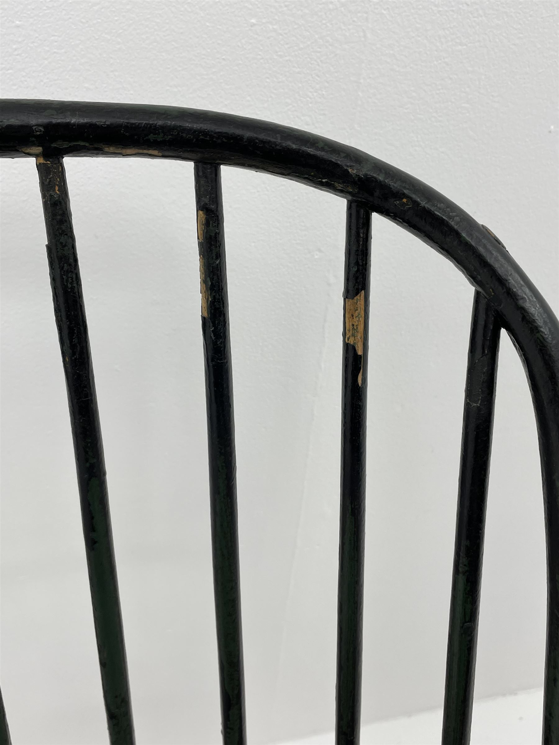 18th century West Country ash and elm Windsor armchair, high hoop and stick back, turned supports with H stretcher, green paint finish