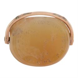19th century 9ct gold agate triple swivel seal fob, each side engraved with armorial shield, head in profile and seascape, within a scroll mount, approximately H4.5cm

By family descent from the Chichesters of Arlington Court, Devon; from the collection of Andrew Chichester Everitt.