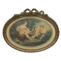 Possibly by Francesco Bartolozzi (Italian 1727-1815): After the Hunt, 19th century oval mezzotint, in ornate gilt frame with ribbon decoration