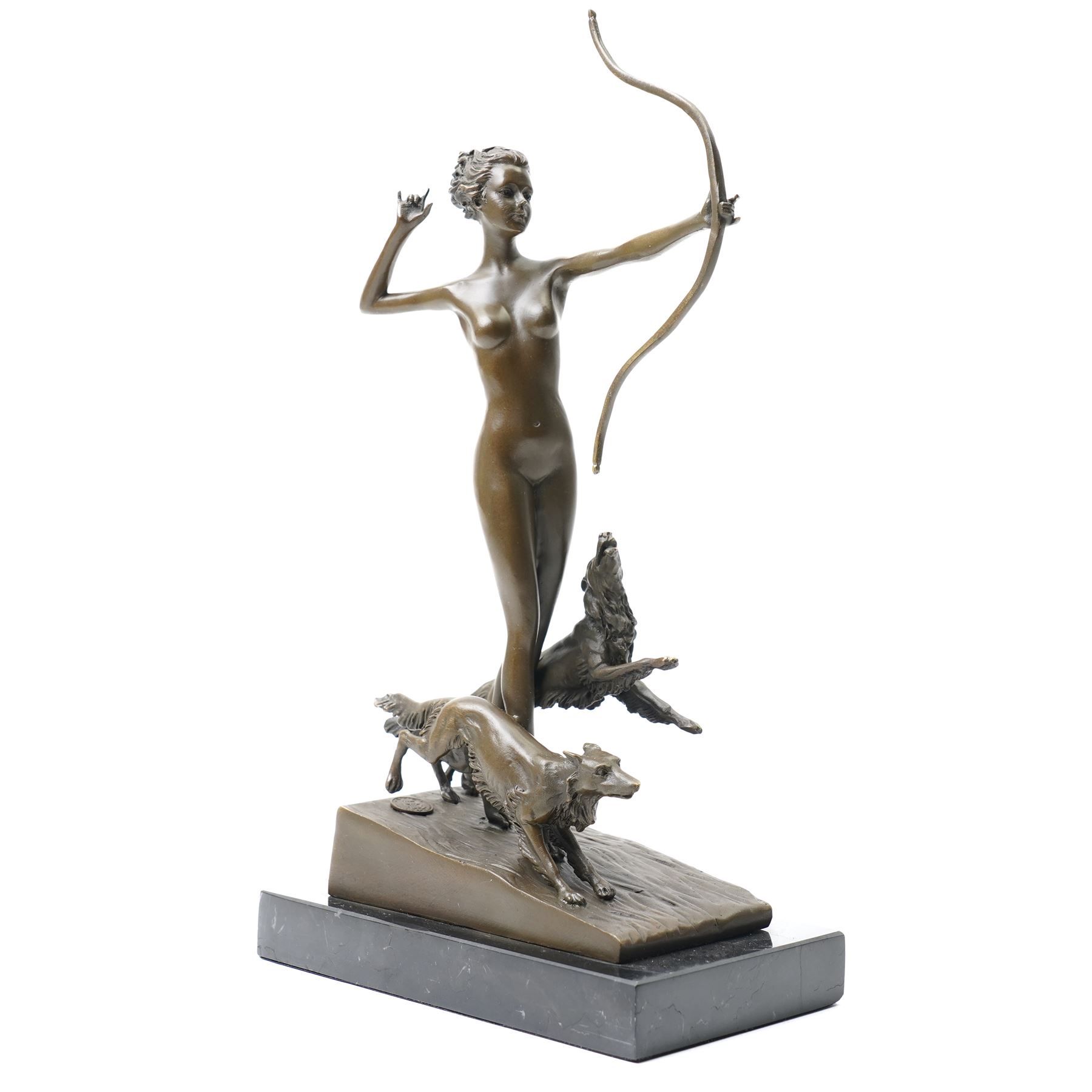 Bronze figure of Diana and her hounds, signed 'Lozenzl' to base, H33cm 
