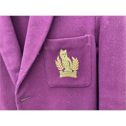 1920's vintage navy, cream and burgundy striped Oundle school blazer, the label detailed 'W R Maddison High Class Tailor Oundle', together with two later vintage  Leeds Girls High School khaki green and Scarborough College burgundy wool blazers, (3)