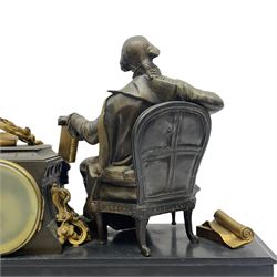 French - 19th century Belgium slate and marble 8-day mantle clock c1860, surmounted with a cast brass figure of the French poet  Ernest Legouve, holding a copy of his collection of poems 