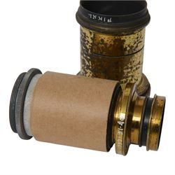 Seven 19th century and later brass camera lenses, including J. Lancaster & Son Rectigraph lens, Watson & Sons 8 1/2 x 6 1/2 lens, Dallmeyer lens and Wray London 5 x 4 lens