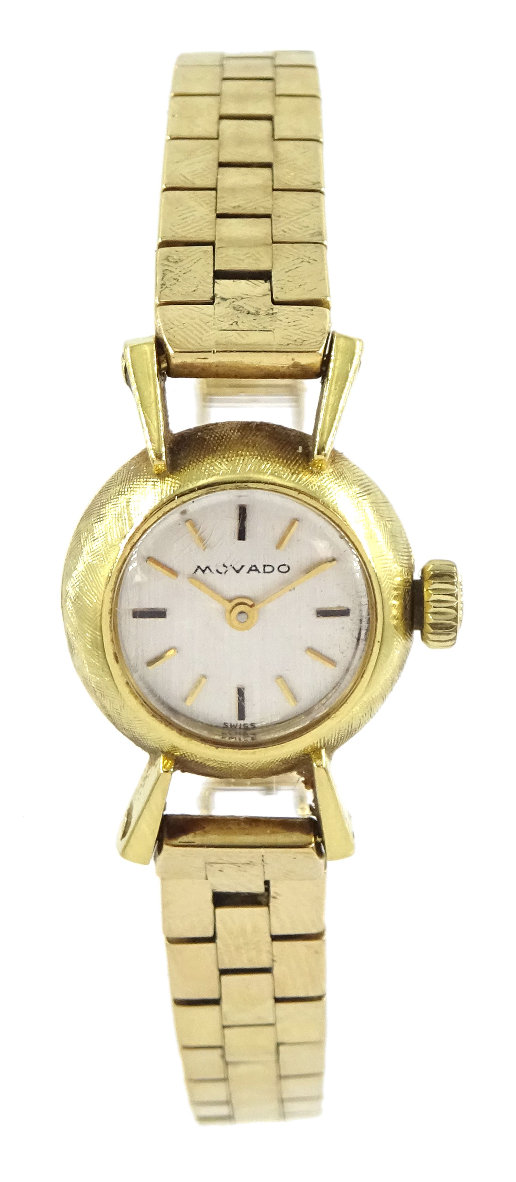 Movado ladies 18ct gold manual wind wristwatch, on 9ct gold link bracelet, hallmarked