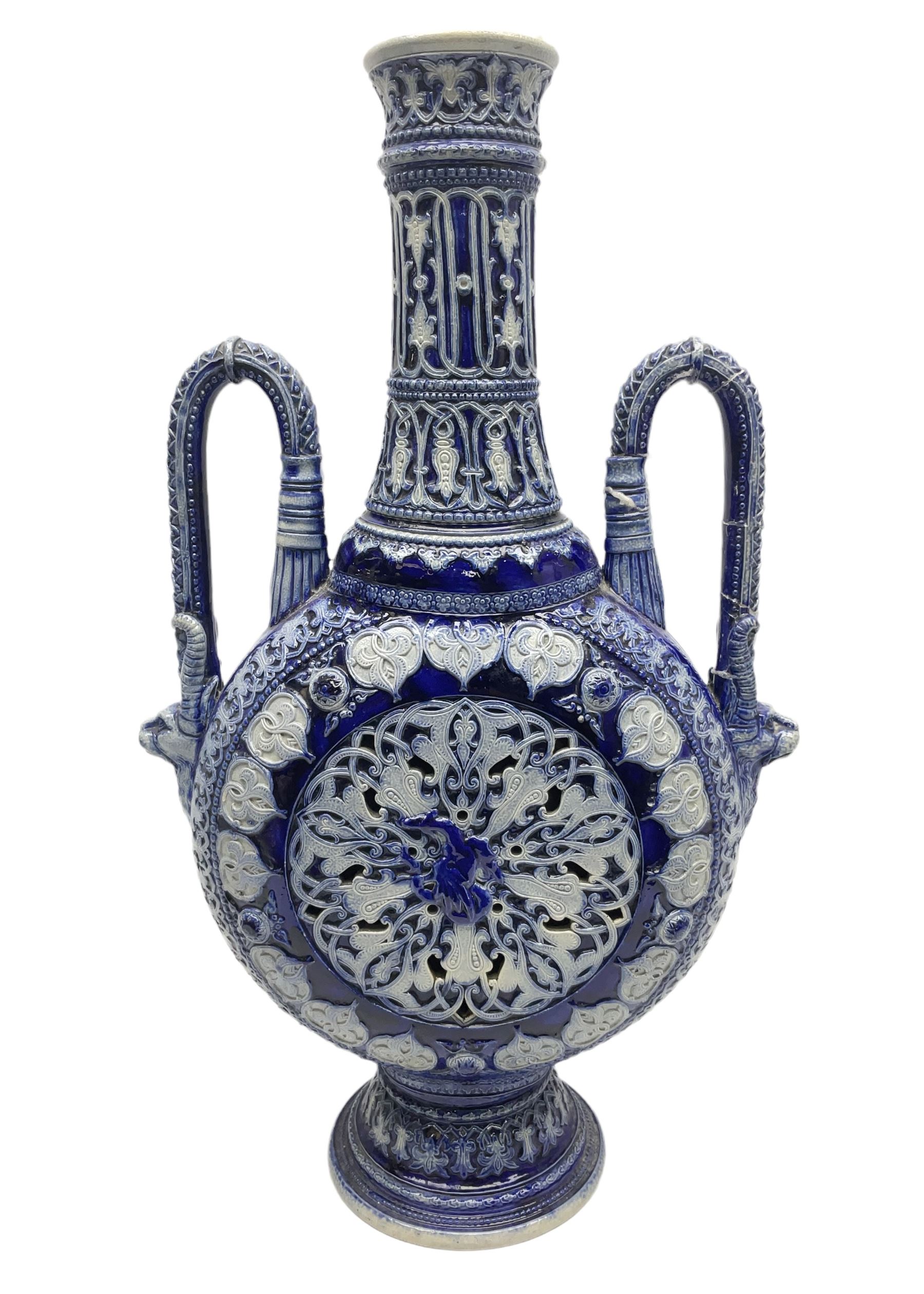 German stoneware blue glazed vase of flattened form with twin handles, H49cm (a/f)