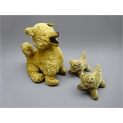  Plush covered seated dog with straw filled body and felt lined open mouth H28cm and two smaller plush covered dogs (3)  