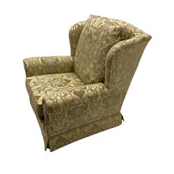 Steed Kedleston three seat sofa, and matching wing back armchair, upholstered in pale gold fabric