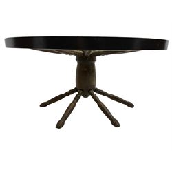 Oak framed 'ships wheel' coffee table, circular top with inset glazed surface, spoke and wheel supports on matching base
