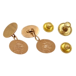 Pair of 9ct gold cufflinks hallmarked and three studs stamped 9ct, approx 10.4gm