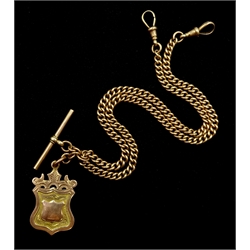 9ct gold Albert T bar chain hallmarked, makers mark J G & S, with 9ct gold fob by Henry Williamson Ltd, approx 22.17gm 