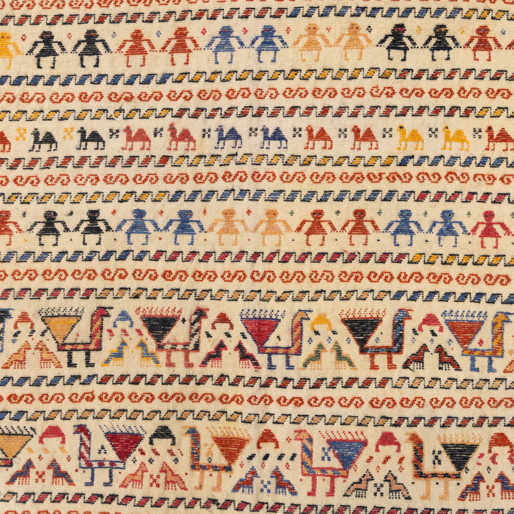 South West Persian Qashqai flatweave kilim horse cover, woven in flatweave with horizontal bands of stylized animals and geometric motifs, featuring repeated rows of horses and camels and abstract figures interspersed with serrated and meander bands, enclosed within simple geometric borders 