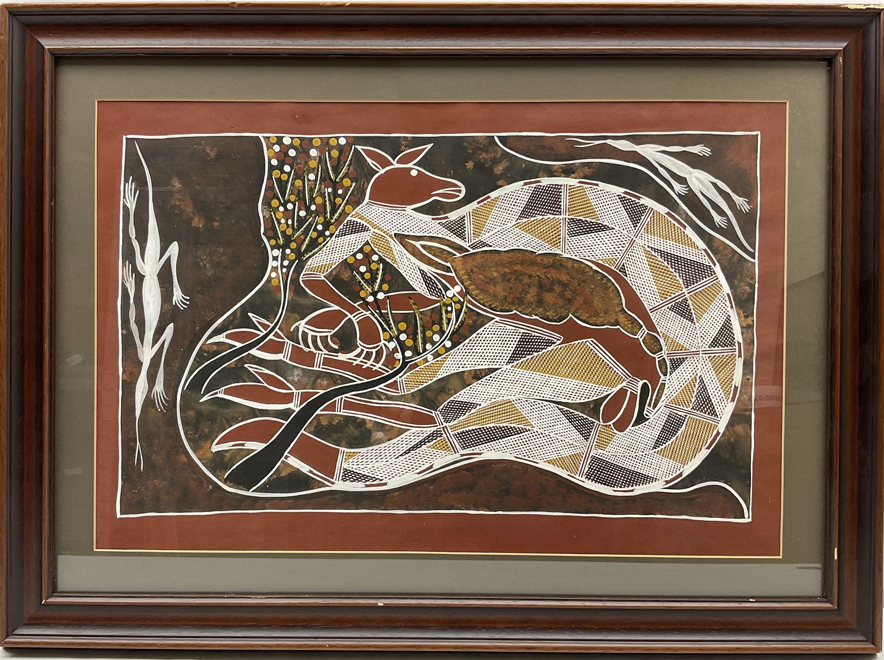 Abraham Dakgalawuy (Arnhem Land Australia 1975-): Aboriginal Abstract Kangaroo, gouache, with polaroid of the artist holding the work verso 35cm x 54cm
Notes: Abraham is the son of the eminent Aboriginal artist Lofty Bardayal Nadjamerrek (1926-2009)