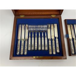 Victorian silver plated dessert set by Elkington & Co for twelve place settings, each reeded handle with vacant cartouche, each with Elkington & Co mark, date letter for 1861, and registration lozenge, contained within a mahogany case with vacant brass cartouche to the hinged cover, opening to reveal a Royal blue baize lined interior with removable tray, case H6cm W29.5cm D26.5cm