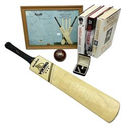 Sondico cricket bat with Yorkshire C.C.C. signatures; framed Lord Taverners v Barclaycard XI programme signed by Colin Milburn, Colin Cowdrey, Roy Kinnear, Nicholas Parsons etc; souvenir Ashes 1994/95 cricket ball; books of cricket interest; tie-pin etc